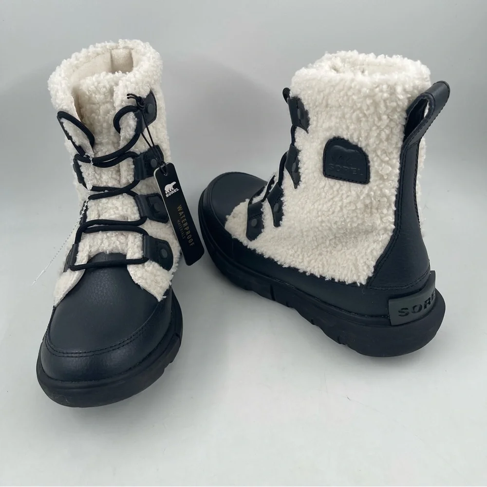Sorel Women’s Explorer II Joan Cozy- Size 6 -Black White Sherpa Boots-Ships Free